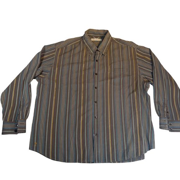 Tommy Bahama 100% Silk Resort Wear ButtonUp Shirt Men XXL Brown Blue Gold Stripe - Picture 1 of 13